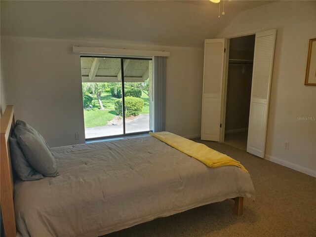 bedroom with access to exterior, carpet floors, and a closet