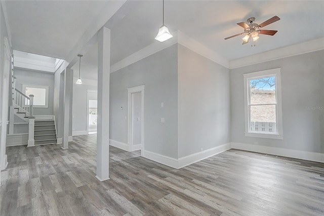 interior space featuring hardwood / wood-style floors, ceiling fan, and ornamental molding