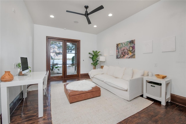 living room with ceiling fan, french doors, and dark wood-type flooring