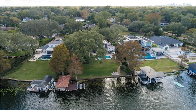 bird's eye view with a water view