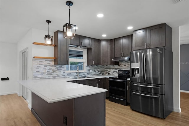 kitchen with light hardwood / wood-style floors, range with electric stovetop, dark brown cabinetry, and stainless steel fridge with ice dispenser