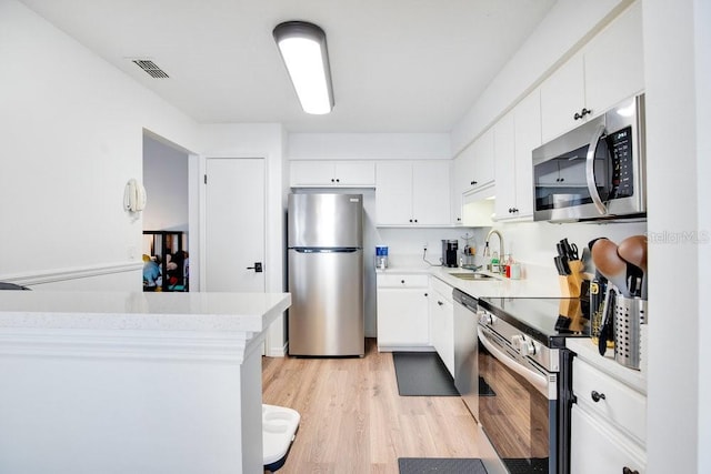 kitchen featuring white cabinetry, appliances with stainless steel finishes, sink, and light wood-type flooring