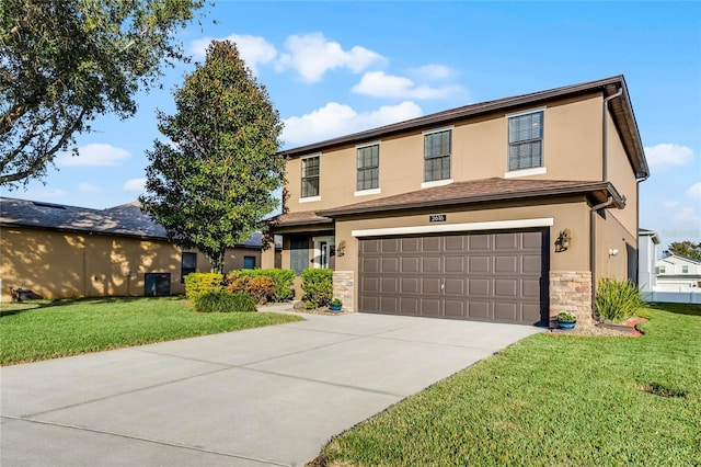 front facade with a front lawn and a garage