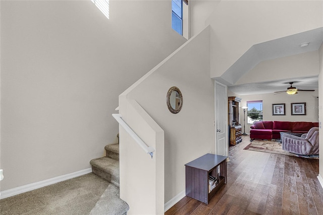 staircase featuring a high ceiling, ceiling fan, and wood-type flooring