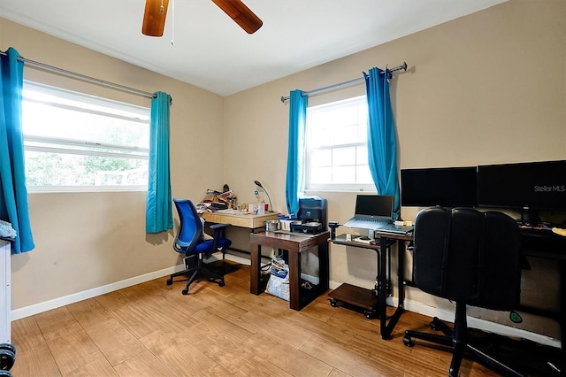 office featuring ceiling fan and light hardwood / wood-style flooring