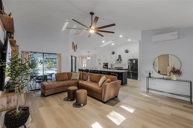 living room featuring a wall mounted AC, ceiling fan, high vaulted ceiling, and light hardwood / wood-style floors