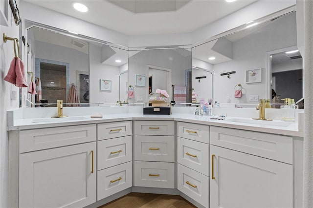 bathroom featuring a shower, vanity, and hardwood / wood-style flooring