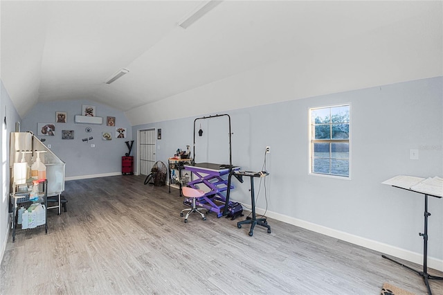 home office featuring lofted ceiling and wood-type flooring