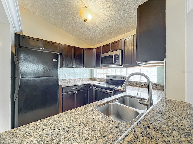 kitchen featuring sink, dark brown cabinets, stainless steel appliances, tasteful backsplash, and vaulted ceiling