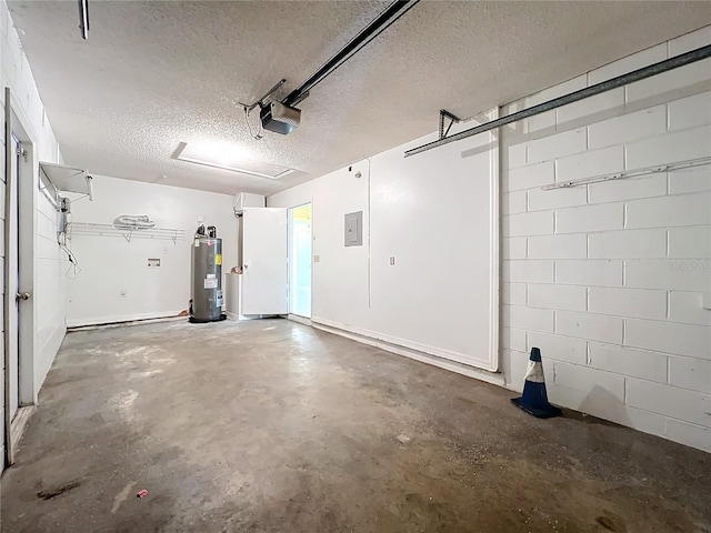 garage with a garage door opener, electric panel, and electric water heater