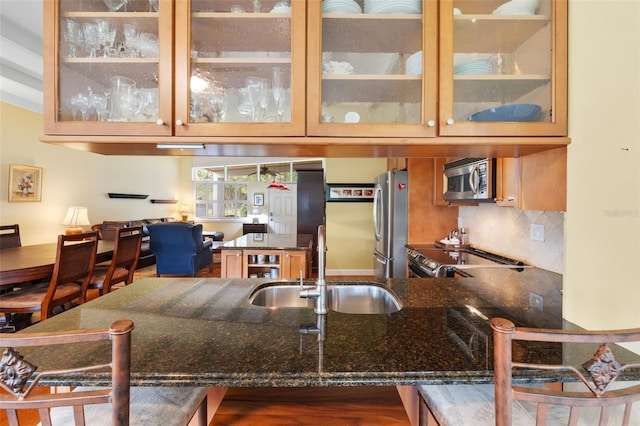 kitchen featuring decorative backsplash, sink, dark stone counters, and appliances with stainless steel finishes