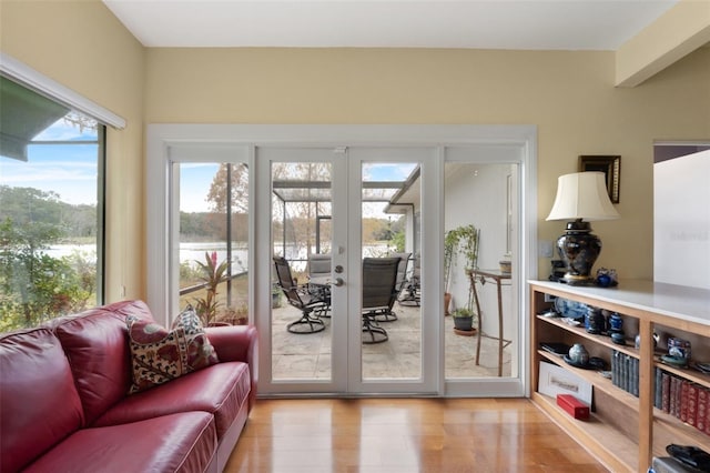 entryway featuring french doors and light hardwood / wood-style flooring