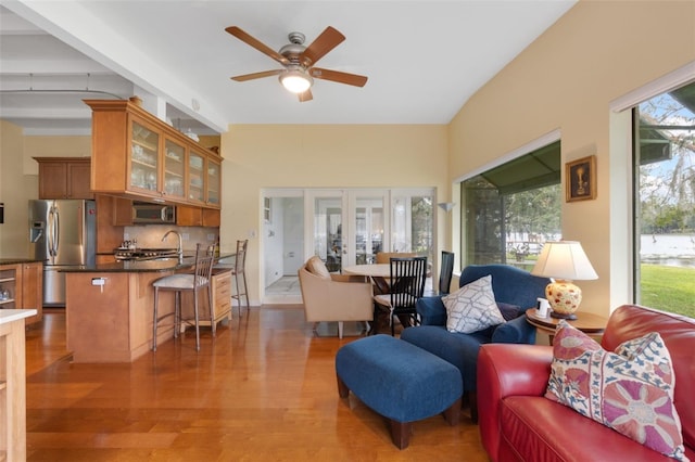 living room with ceiling fan, plenty of natural light, and wood-type flooring