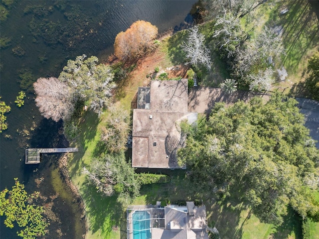 birds eye view of property featuring a water view