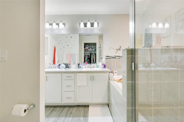 bathroom with vanity and a shower with shower door