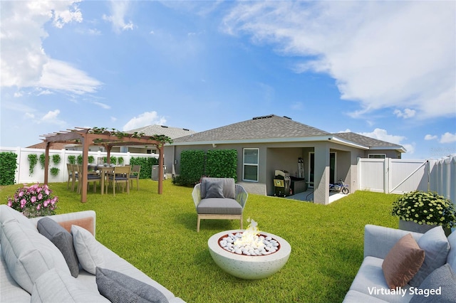 rear view of property with a yard, an outdoor living space with a fire pit, and a pergola