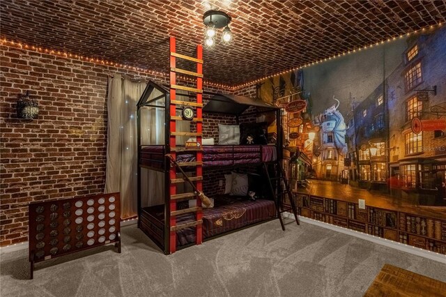 wine room with carpet, vaulted ceiling, brick wall, and brick ceiling