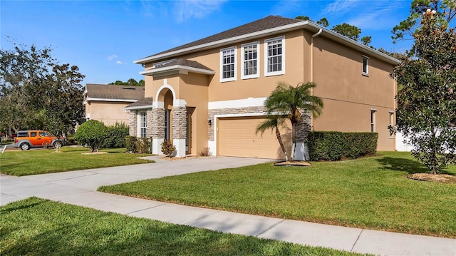 view of front of property featuring driveway, stucco siding, a front lawn, a garage, and stone siding