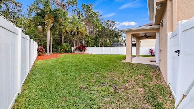 view of yard with ceiling fan, a patio, and a fenced backyard