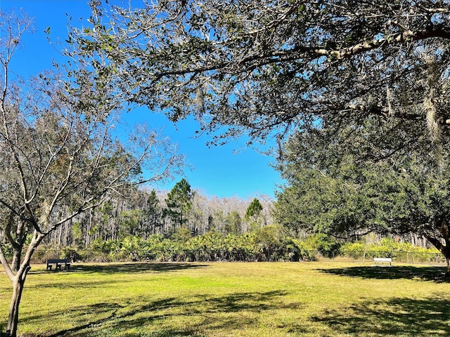 view of home's community with a yard and a view of trees