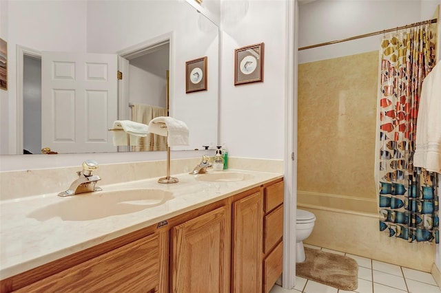 full bathroom with tile patterned flooring, vanity, shower / tub combo with curtain, and toilet