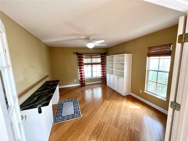 interior space featuring ceiling fan and light wood-type flooring