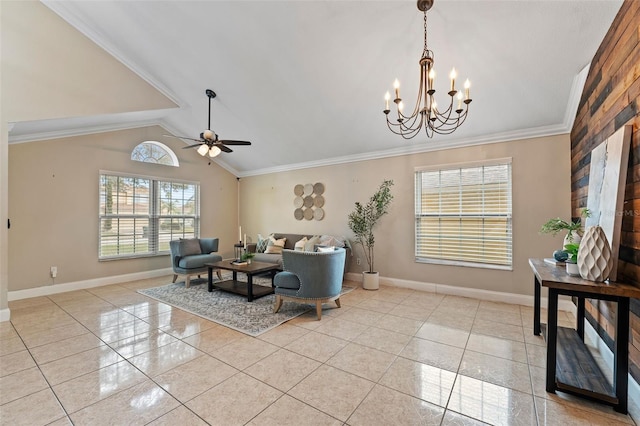 tiled living room with ceiling fan with notable chandelier, ornamental molding, and vaulted ceiling