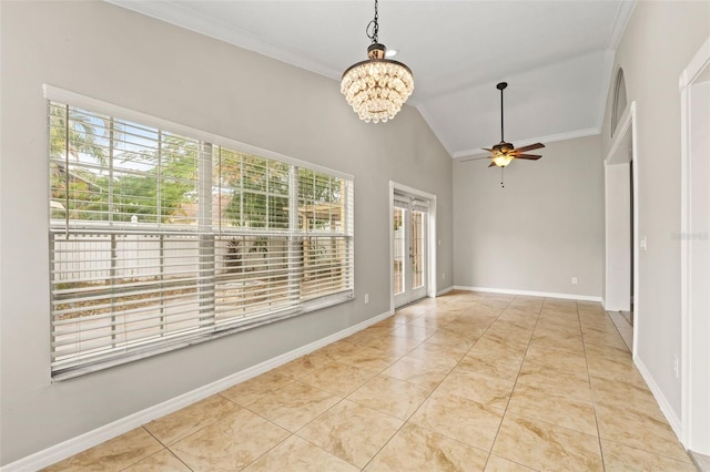 empty room featuring light tile patterned floors, ceiling fan with notable chandelier, crown molding, and lofted ceiling