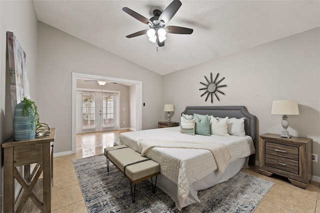 bedroom featuring ceiling fan, light tile patterned floors, french doors, and lofted ceiling