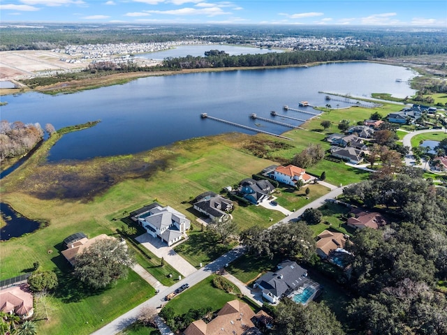 drone / aerial view featuring a water view