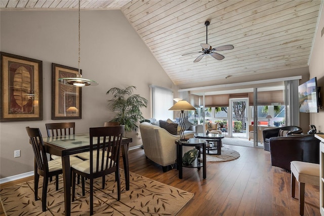 dining room featuring wood ceiling, high vaulted ceiling, ceiling fan, and hardwood / wood-style flooring