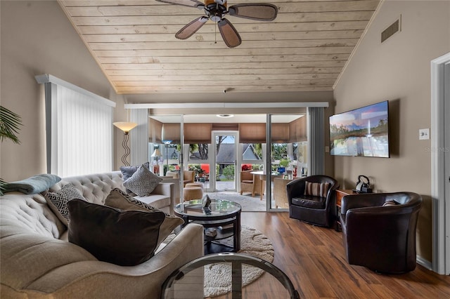 living room with wood ceiling, ceiling fan, vaulted ceiling, and hardwood / wood-style floors