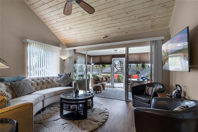 living room with wood-type flooring, vaulted ceiling, ceiling fan, and wood ceiling