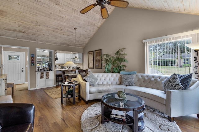 living room with wood ceiling, ceiling fan, high vaulted ceiling, and hardwood / wood-style floors