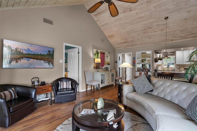 living room with hardwood / wood-style flooring, ceiling fan, high vaulted ceiling, and wood ceiling