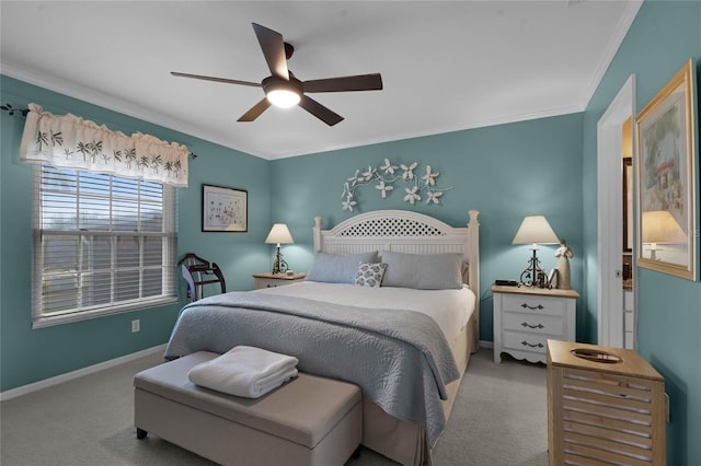 bedroom with ornamental molding, light carpet, and ceiling fan