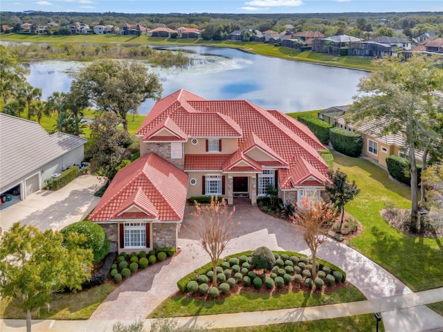 aerial view featuring a water view