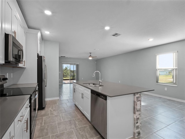 kitchen featuring sink, stainless steel appliances, plenty of natural light, an island with sink, and white cabinets