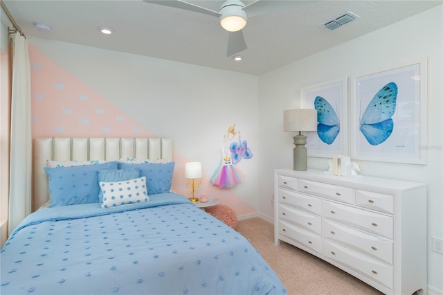 carpeted bedroom with ceiling fan