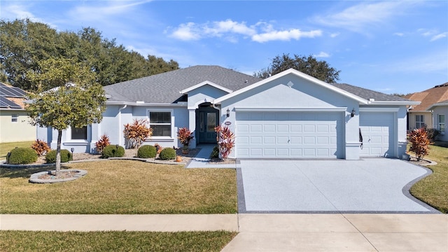 ranch-style house with a garage and a front lawn