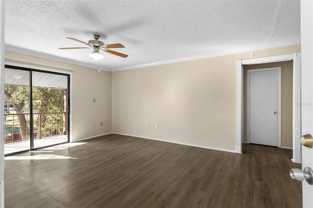 unfurnished room featuring ornamental molding, a textured ceiling, ceiling fan, and dark wood-type flooring