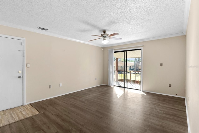 unfurnished room with a textured ceiling, dark hardwood / wood-style floors, ceiling fan, and crown molding