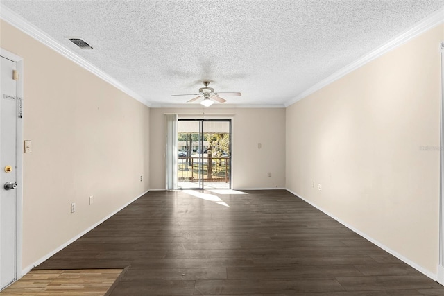 unfurnished room featuring ceiling fan, dark wood-type flooring, a textured ceiling, and ornamental molding