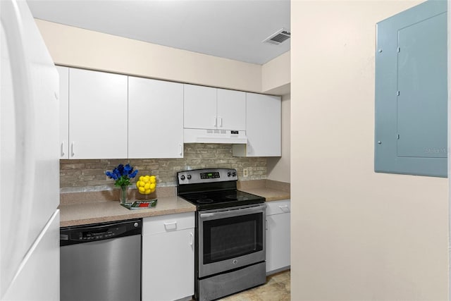 kitchen with white cabinets, electric panel, decorative backsplash, and appliances with stainless steel finishes