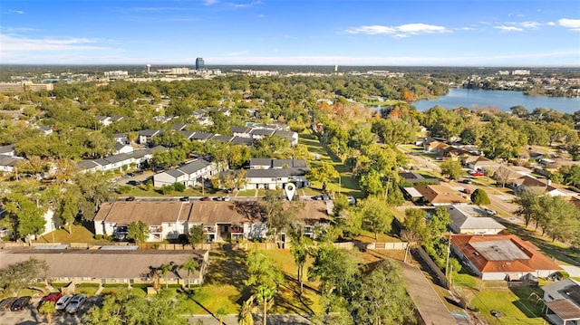 bird's eye view with a water view