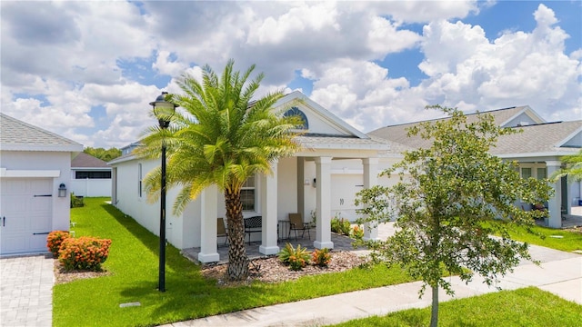 view of front facade with a porch, a garage, and a front lawn