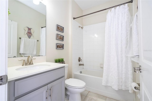 full bathroom with tile patterned flooring, vanity, toilet, and shower / bathtub combination with curtain