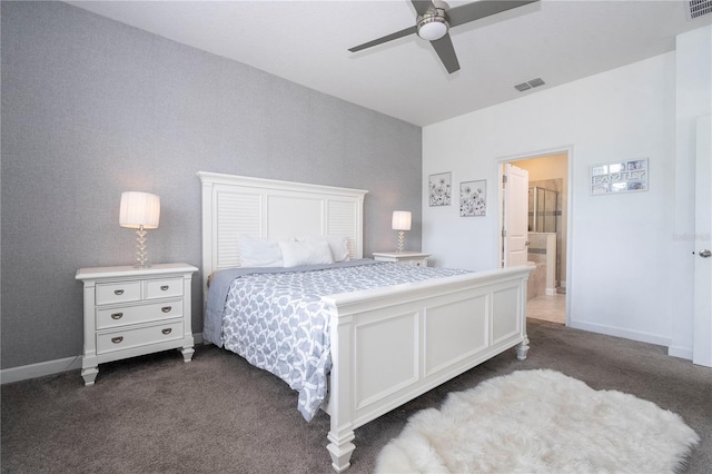 carpeted bedroom featuring connected bathroom and ceiling fan