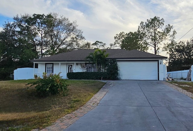 ranch-style home with concrete driveway, fence, a garage, and stucco siding