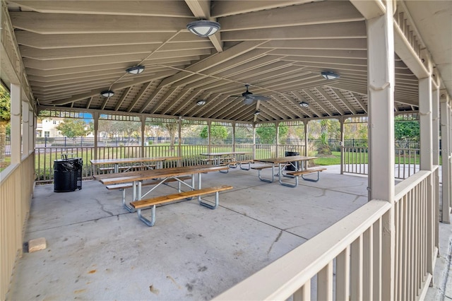 view of patio / terrace featuring a gazebo and ceiling fan